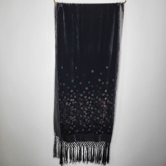Velvet Burnout Rectangular Scarf Fringe Silk Rayon Metallic Moon Witchy - Picture 6 of 9